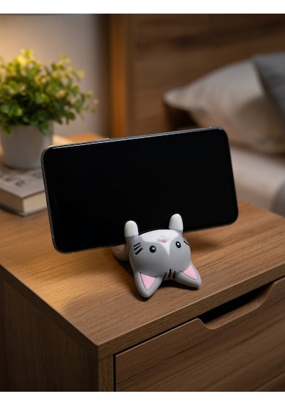 Gri Kedi Figürlü Telefon Tutucu Stand - 3d Baskı Ofis Masaüstü Aksesuarı Ve Biblo