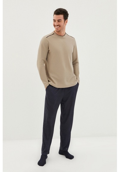 Kiğılı 3'lü Triko Roblu Yarım Waffle Desenli Pijama Takımı Hy22yckg32003 Vizon