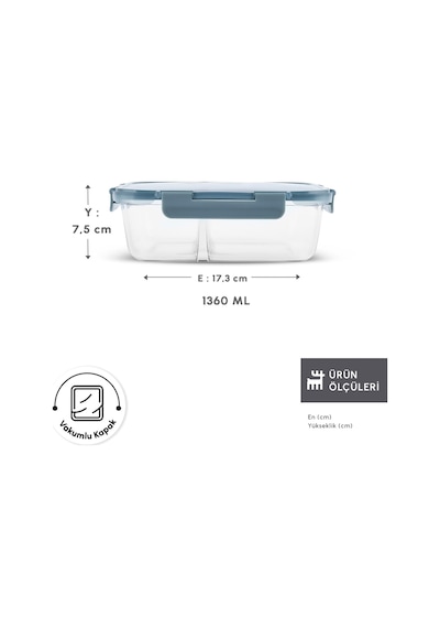 Polly Bölmeli Sızdırmaz Cam Saklama Kabı 1360 Ml Mavi