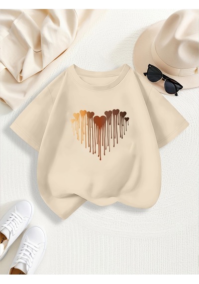 Uyguntarz Çocuk Eriyen Kalpler Baskılı Tasarım Tshirt Bej