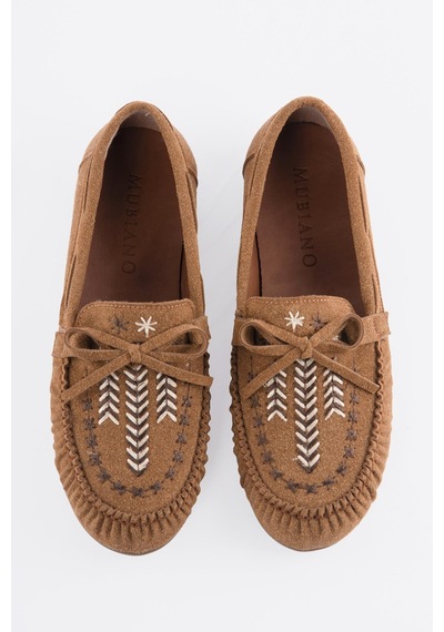 Kadın Süet Loafer Nakışlı Bağcıklı Ayakkabı Talina Taba Taba