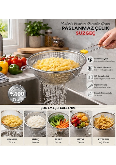 Oms Collection Ferro Tek Parça %100 Paslanmaz Çelik İnce Delikli Süzgeç 7501 - 18 Cm - Gümüş