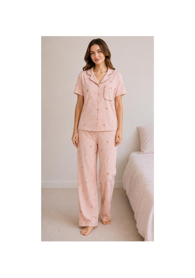 Pijamask Kadın Kısa Kollu Pamuklu Pijama Takım Pembe