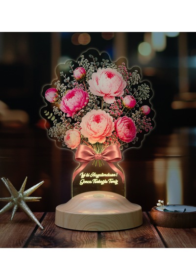 Pembe Şakayık Çiçek Buketi Led Lamba, Peony Şakayık Aranjmanı Kişiye Özel Sevgiliye Ve Kadına Zarif Hediye Pembe Şakayık Buketi
