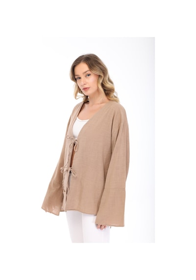 Blayn Jeans Blayn Kadın Keten Kimono Oversize Rahat Kalıp Yazlık Uzun Kollu Kimono Vizon