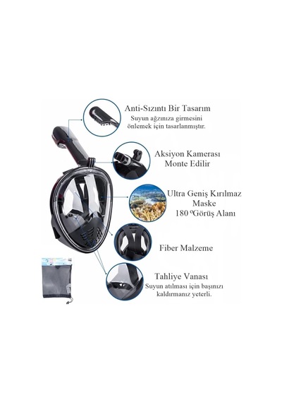 Sm Beden Siyah Tam Yüz Dalış Maskesi Su Altı Keşif Maskesi Slikon Şnorkel Full Face Mask Genel
