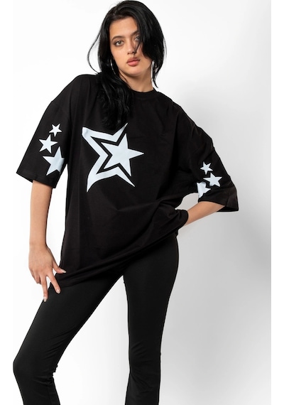 Startmore 816 Stars Baskılı Oversize Unisex Beyaz Siyah