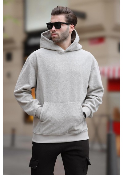 Madmext Boyalı Gri Kapüşonlu Cep Detaylı Polar Erkek Sweatshirt 7093 Gri
