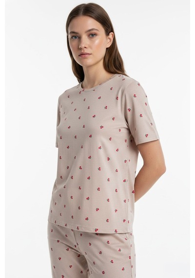 Kompedan Kadın Bisiklet Yaka Yumuşak Dokulu Küçük Kiraz Desenli Kısa Kol Pijama Takım Kahve 70132-4665