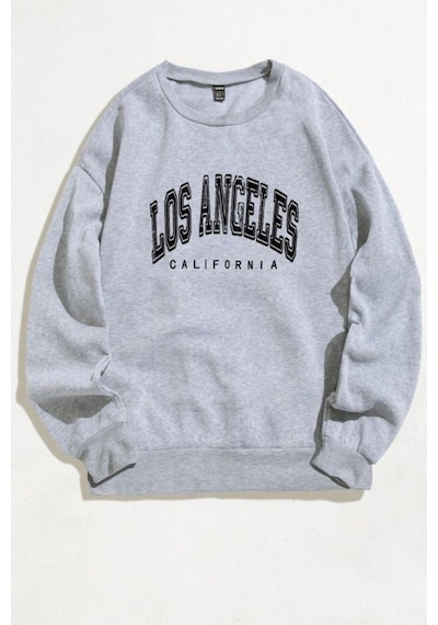 Los Angeles Yazı Tasarım Sweatshirt - Gri Baskılı Oversize Kalın Kışlık Bisiklet Yaka Gri