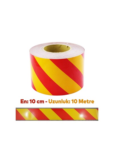 Badem10 Reflektörlü Yapışkanlı Parlayan Fosfor Sarı Kırmızı 10 Mt Reflektif Düz Şerit Bant 10 Cm İkaz Bandı