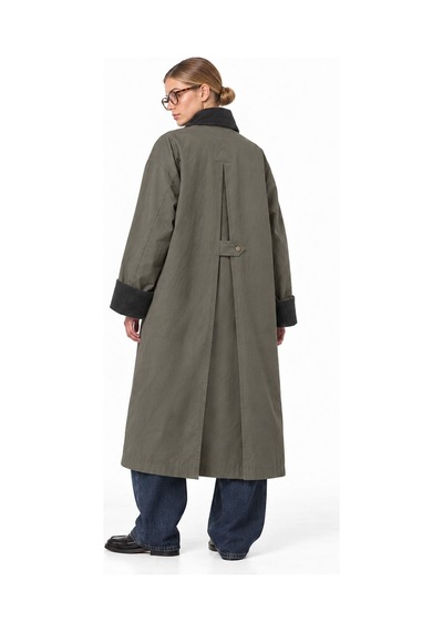 Hiccup Oversize Kadife Yakalı Ekose Astarlı Uzun Trençkot Haki Yeşil