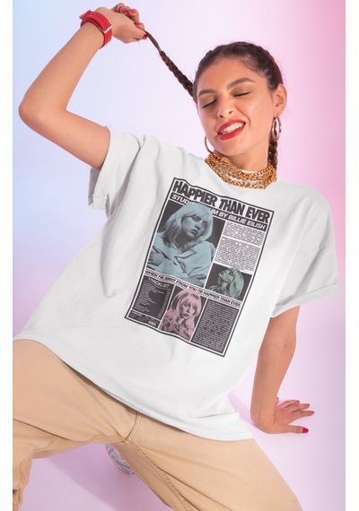 Sevbano Happier Than Ever Billie Eilish Baskılı Unisex Oversize Şarkıcı T Beyaz