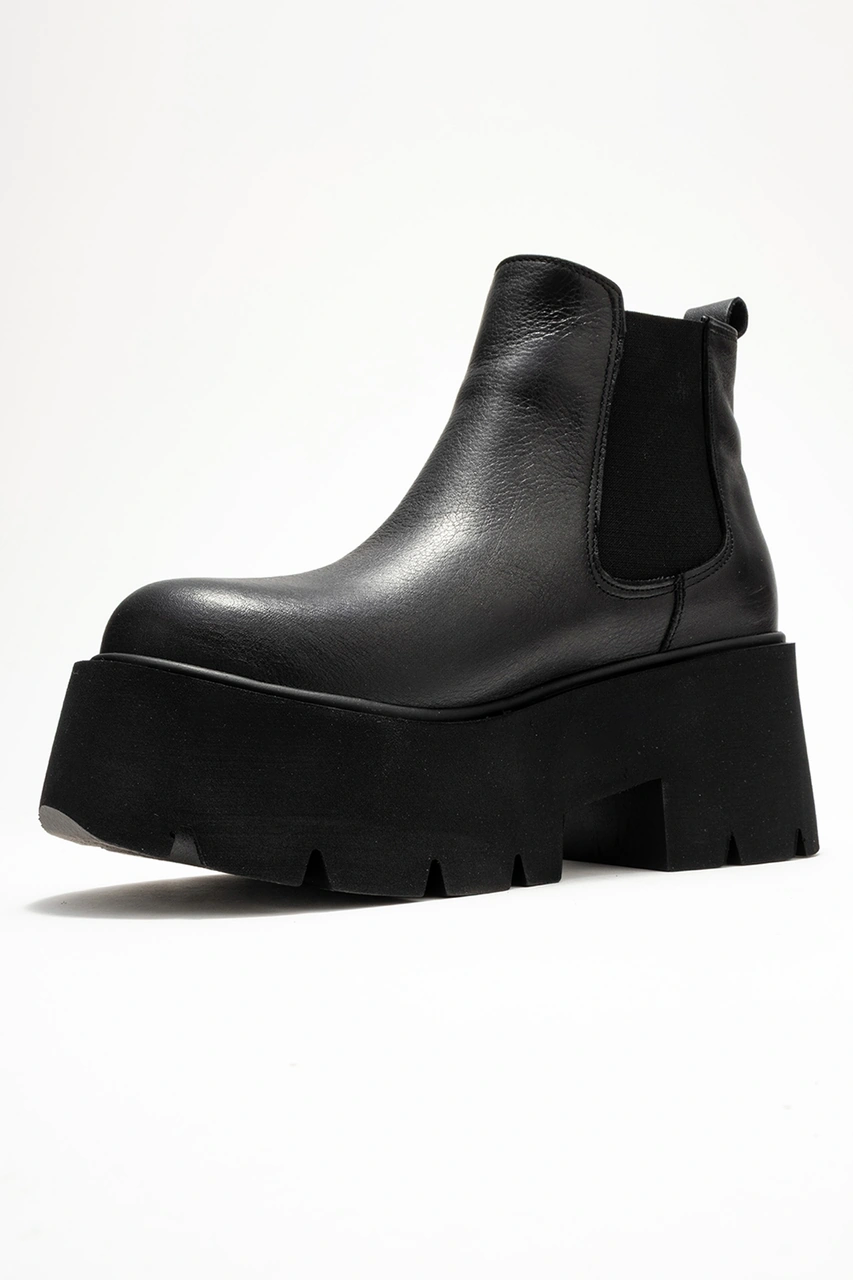 Luvishoes Clen Siyah Cilt Hakiki Deri Lastikli Kadın Kalın Tabanlı Bot Siyah-Cilt