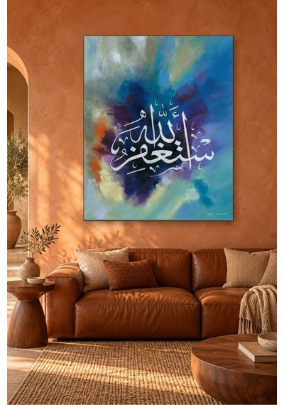 Fida Mavi Mor Yağlı Boya Fonda Estağfirullah Canvas Tablo Çok Renkli