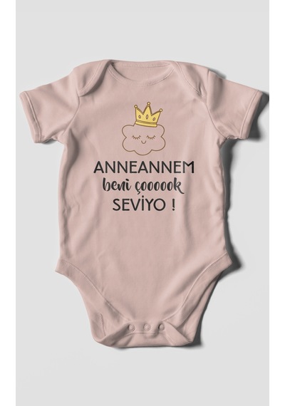 Anneannem Beni Çok Seviyo Baskılı Bebek Zıbını Çıtçıtlı Body %100 Pamuk Kısa Kol Pastel Pembe