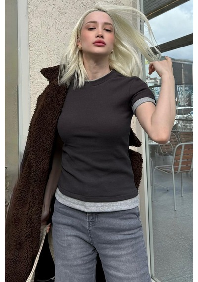 Siyah Bisiklet Yaka Çift Renkli Basic Tişört Mg2682 Siyah