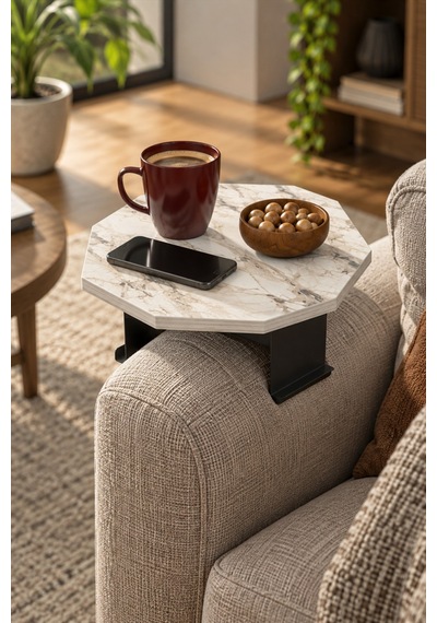 Sulorahome Ayarlanabilir Sekizgen Yan Sehpa Beyaz Mermer Desenli