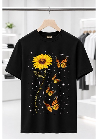 Bayloranzzo Sunflower %100 Pamuk Heavy Cotton Premium Kalite Kadın Tişört Siyah