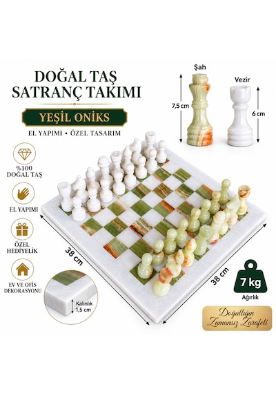 15 İnç Yeşil Oniks Doğal Taş Satranç Takımı 38x38 Cm Premium Özgün Hediye Kutulu