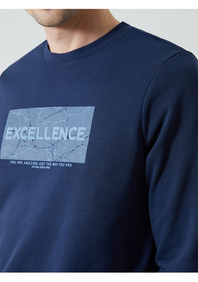 Lcwaıkıkı Classic Lacivert Bisiklet Yaka Uzun Kollu Baskılı Erkek Sweatshirt