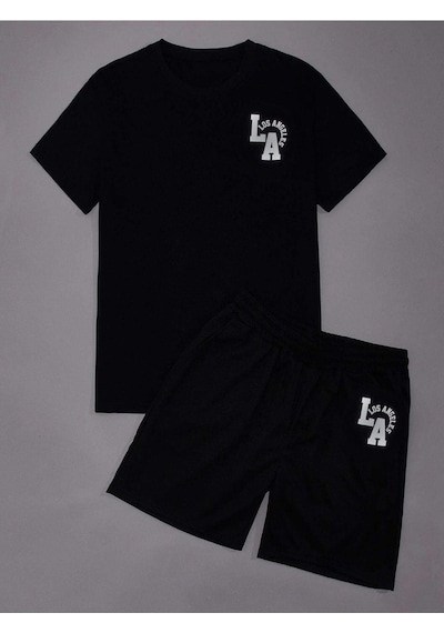 La Los Angeles T-shirt Şort - Siyah Alt Üst Kombin Şort Tişört Takım Baskılı Oversize Bisiklet Yaka Siyah La Los Angeles T-shirt Şort - Siyah Alt Üst Kombin Şort Tişört Takım Baskılı Oversize Bisiklet Yaka Siyah