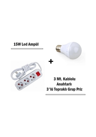 15w Led Ampul + 3 Metre Uzatmalı Anahtarlı 3lü Priz Set Renkli