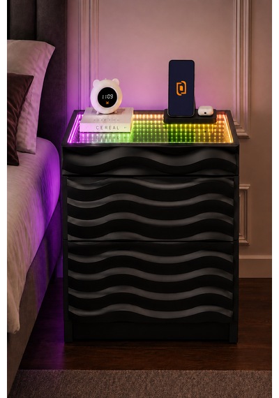 Komodin 3d Led Işıklı Kumandalı Rgb Ledli Modern - Siyah Renk