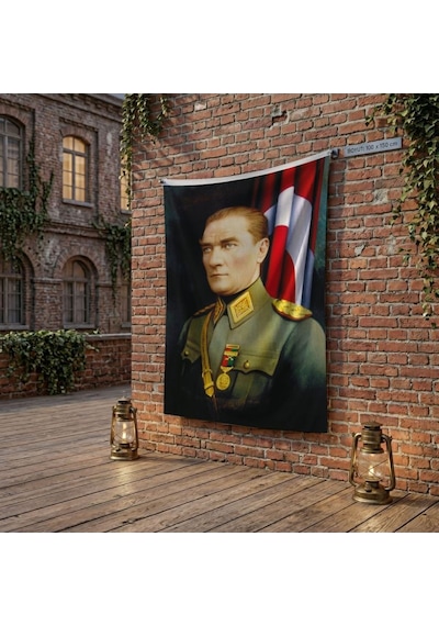 Üniformalı Gazi Mustafa Kemal Atatürk- Ay Yıldız Bayrak Poster Bayrak Raşel Kumaş 100x150 Cm Ata17 Diğer