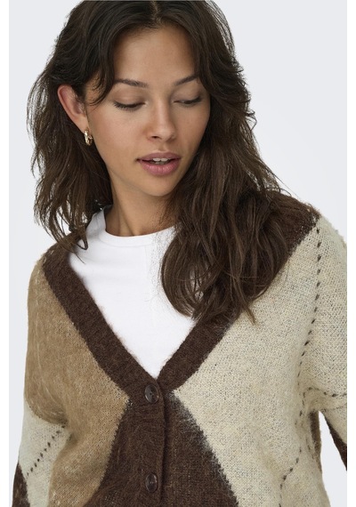 Only Noeme Life Jacquard V-neck Kadın Triko Hırka Jakarlı V Yaka Cardigan Kahverengi