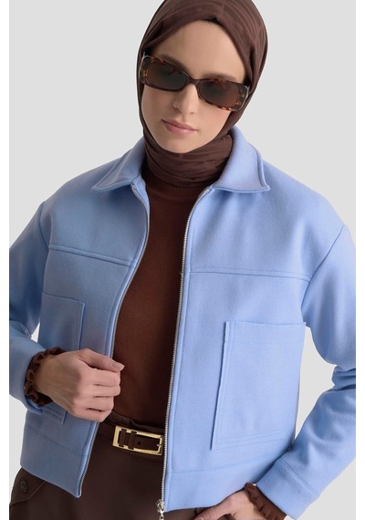 Armine Trend Boydan Fermuarlı Cep Detaylı Kısa Ceket Mavi 25kt517