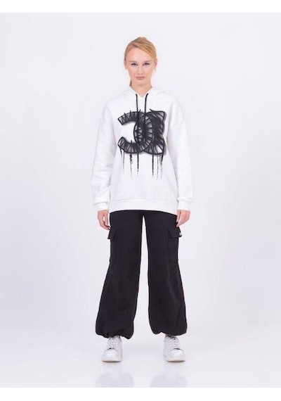 Kız Çocuk Pamuklu Kapüşonlu Baskılı Sweatshirt-13425-beyaz Beyaz