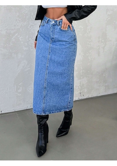 Dema Kadın Mavi Renk Yüksek Bel Pamuklu Bilek Boy Denim Etek