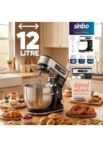 Sinbo Smx-2779 Stand Mikser 2000w, 12 L Paslanmaz Çelik Hazne, Dijital Ekranlı, Zaman Ayarlı, 8 Belirtilmemiş