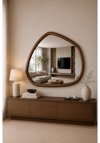 Doğal Ahşap Çerçeveli 110x80 Cm Ceviz Dekoratif Ayna