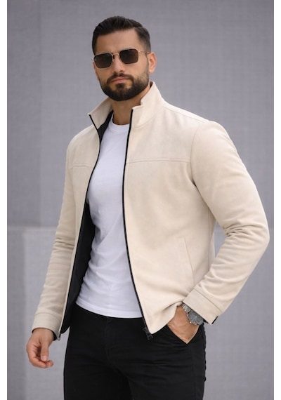 Baselco Slim Fit Dik Yaka Mevsimlik Süet Ceket Krem