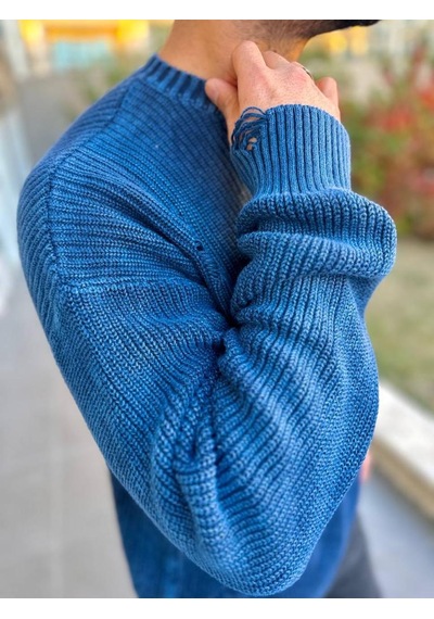 Elku Moda Kazak Triko Oversize Tüylenmez Naturel Pamuk Yırtık Detaylı Lazer Kesim Rahat Kesim Salaş Kazak Lacivert