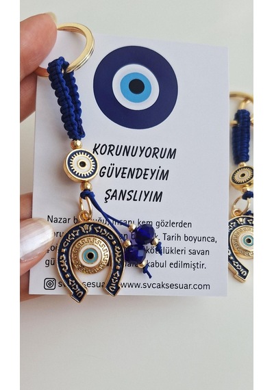 Hediyelik Bolluk Bereket Nal Nazar Boncuklu Anahtarlık - Lacivert - 10 Cm