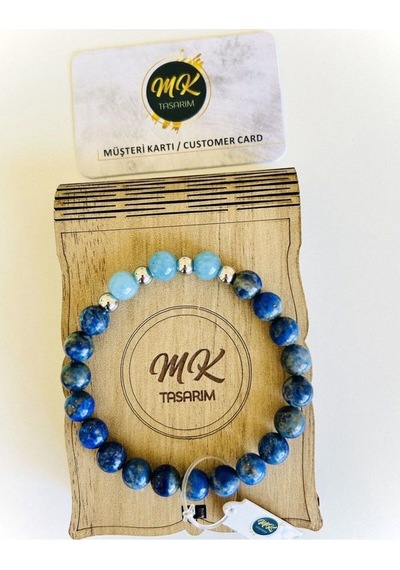 Mk Tasarım Gerçek Lapis Lazuli Mavi Kuvars Taşı Bileklik Mk.011.001 Çok Renkli