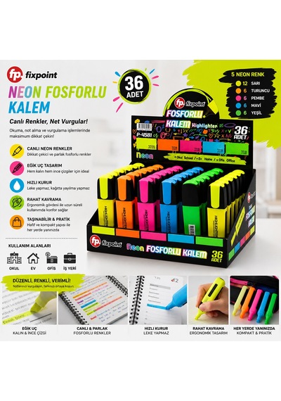 Lunaev 36 Adet Neon Fosforlu Kalem - Standlıdır İçinde 12 - Sarı - 6 - Turuncu - 6 - Pembe - 6 - Mav 103 Ivory