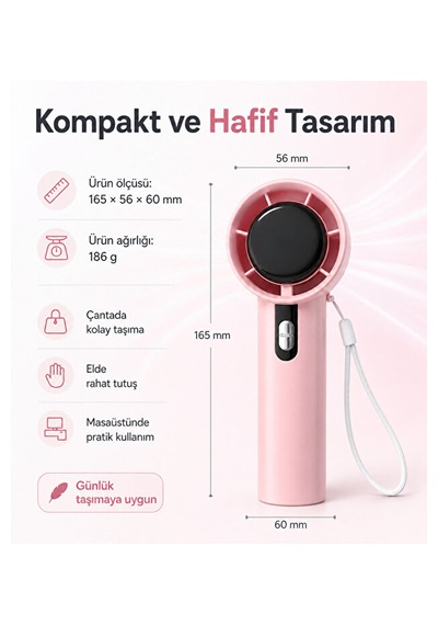 100 Kademeli Hız Ayarlı Şarjlı El Fanı Dijital Göstergeli Taşınabilir Mini Vantilatör Pembe