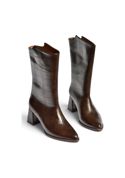 Fox Shoes Z758292511 Kahverengi Kroko Baskılı Kalın Topuklu Kadın Bot