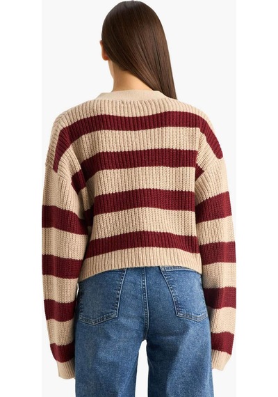 Defacto Regular Fit V Yaka Çizgili Triko Hırka Z8539az25wnbg644 Bej