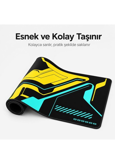 Mcstorey 90x40 Cm Mouse Pad, Cyber Sarı Turkuaz Desenli Büyük Mou
