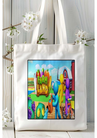 Art Hediye Farm Land Mobil Oyun Baskılı Bez Çanta Omuz Çantası Çift Tafaflı Baskı Kişiye Özel 2 Çok Renkli