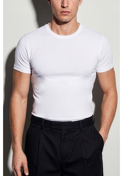 Auw Erkek Bisiklet Yaka Pamuklu Modal Basic T-shirt - Softfit Beyaz