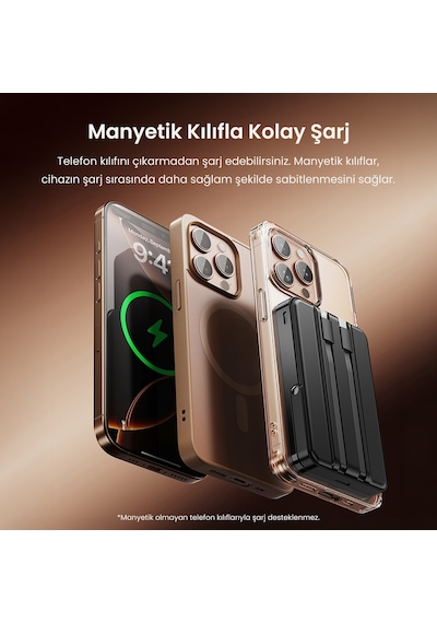 Rocoren 10000mah Magsafe 15w Kablosuz Powerbank Lightning Ve Type-c 22.5w Kablolu Standlı Taşınabilir Hızlı Şarj Cihazı siyah