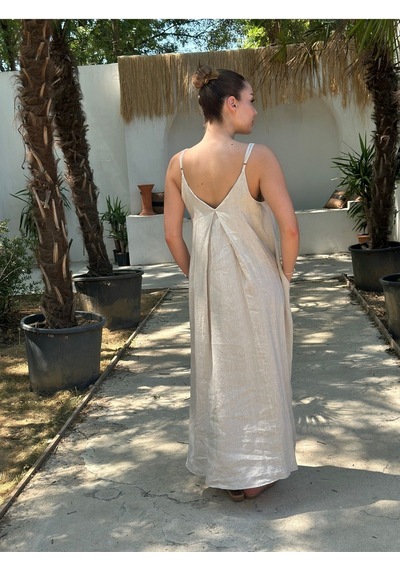 Yazlık Keten Askılı Oversize Elbise Bej