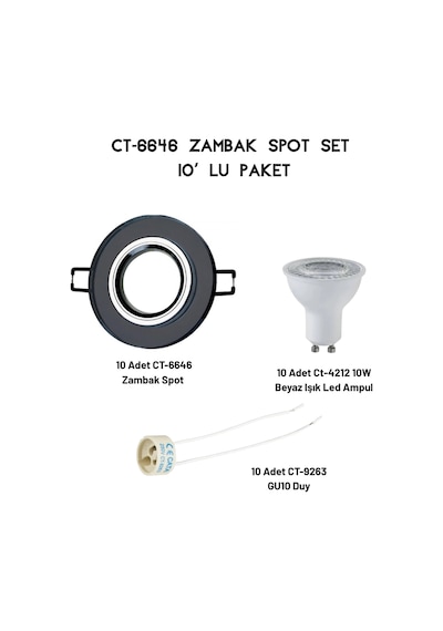 Cata Zambak Spot Set 10 Adet Ct-6646 + 10 Adet Ct-4212 Beyaz + 10 Adet Ct-9263 Duy Antrasit - Siyah