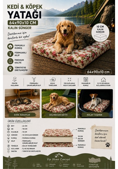 Büyük Irk Köpek Yatağı Süngerli Fermuarlı Yıkanabilir Kılıflı Köpek Minderi 64x90x10 Cm-ingiliz Gülü